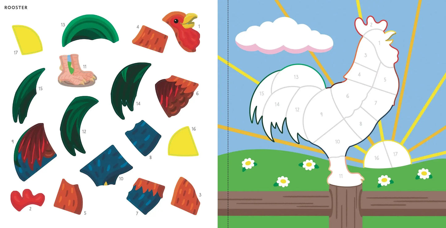 A colorful farm animal-themed color-by-sticker book featuring a rooster.