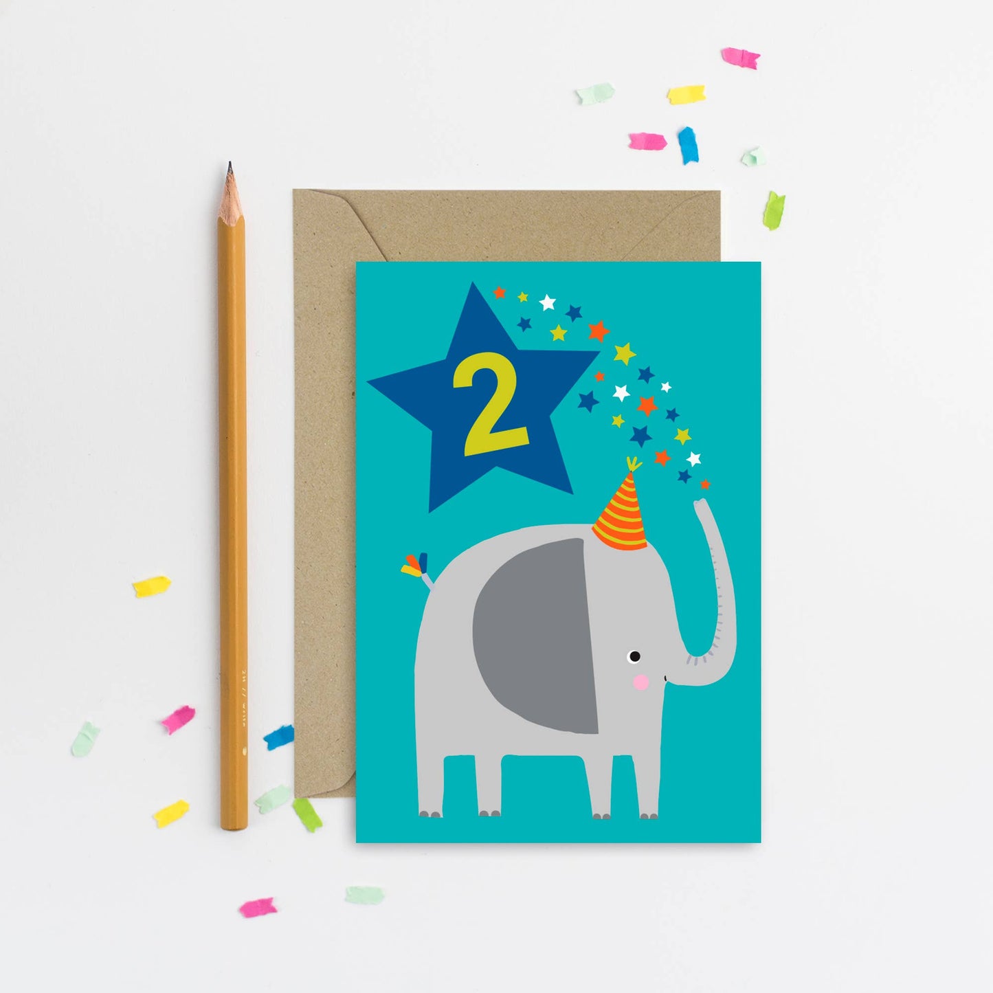 Blue birthday card with a gray elephant wearing a party hat and a blue star with the number 2.