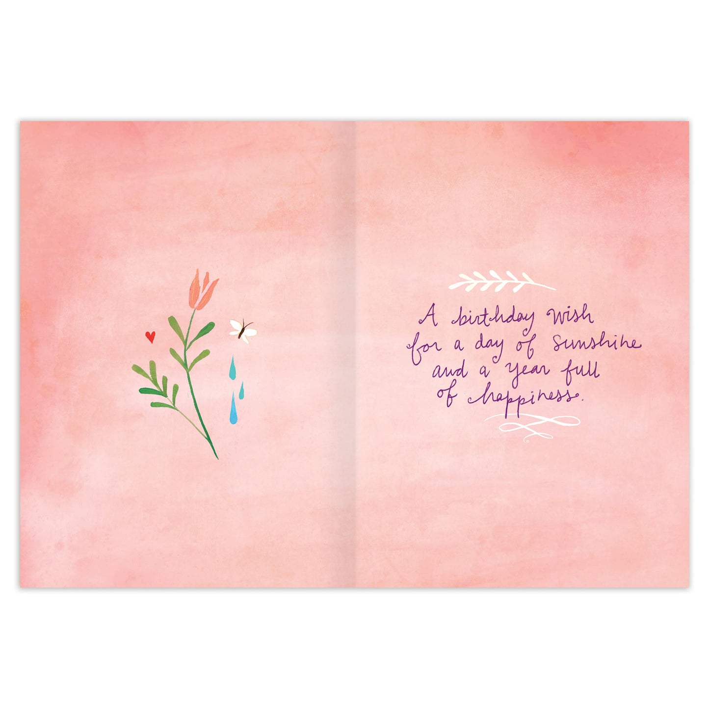 Illustrated birthday card with a soft pink background, featuring a delicate flower and a heartfelt birthday wish.