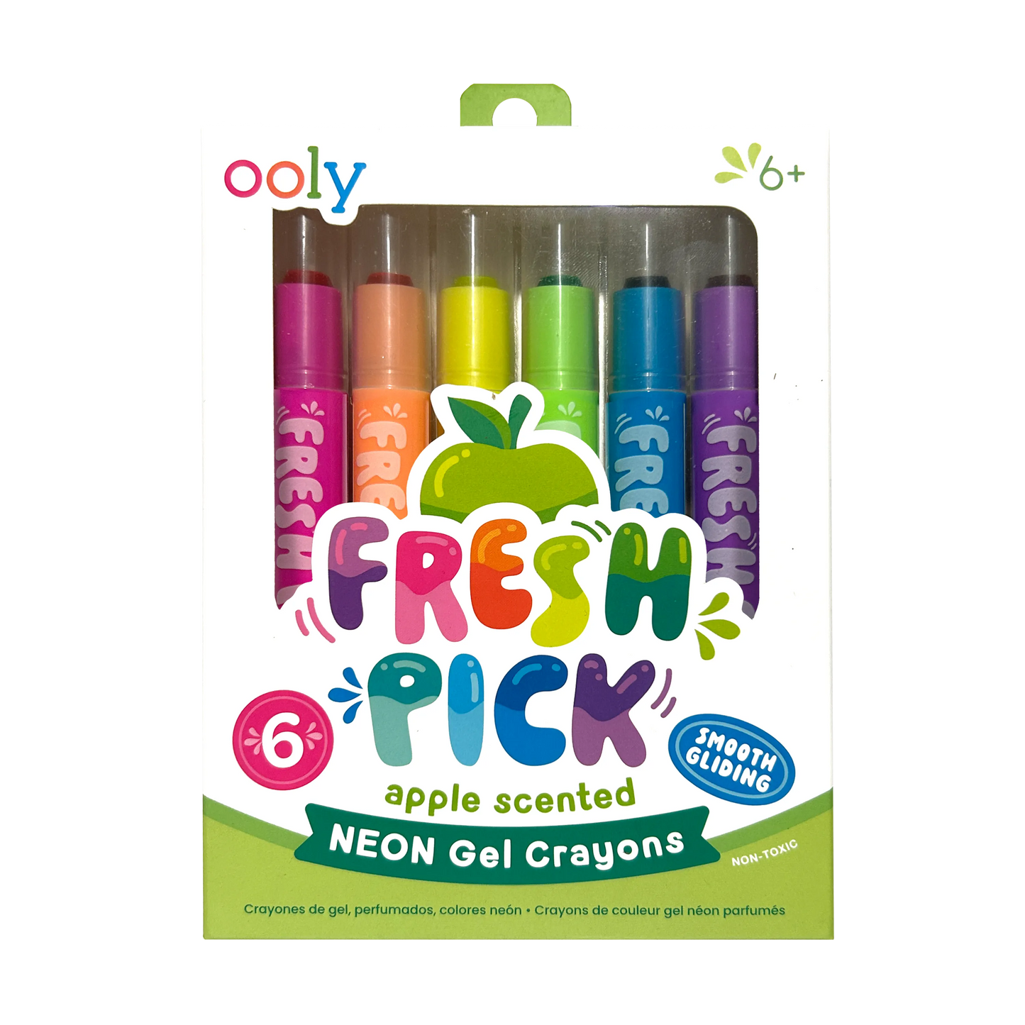 Box of six neon apple-scented gel crayons in assorted colors