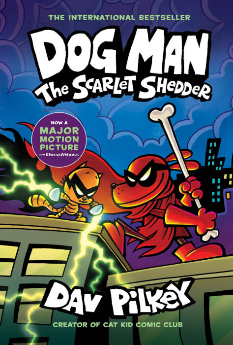 Cover of Dog Man: The Scarlet Shedder showing Dog Man in a red costume with lightning in the background.