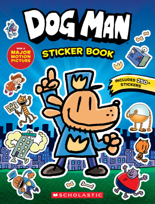 Dog Man sticker book cover with cartoon characters and over 250 stickers