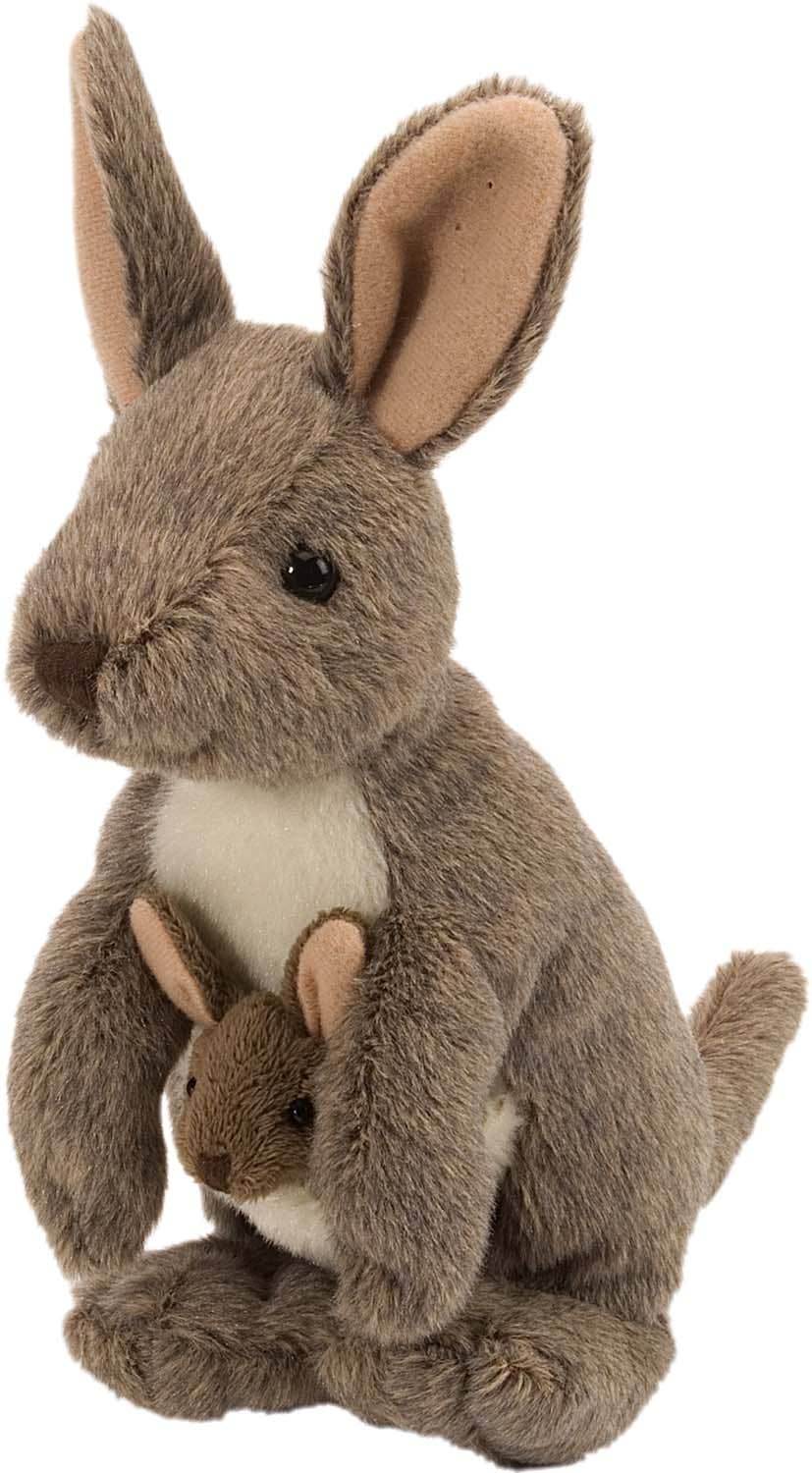 Brown plush kangaroo with baby joey in pouch, sitting upright.