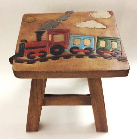Wooden stool with colorful carved train design on the seat