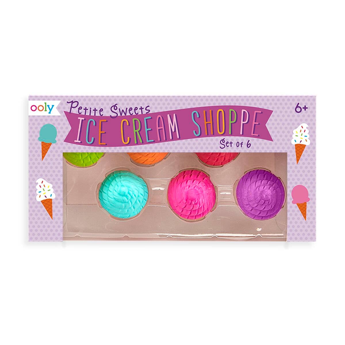 Brightly colored ice cream cone erasers with vanilla scent, perfect for fun and creativity.