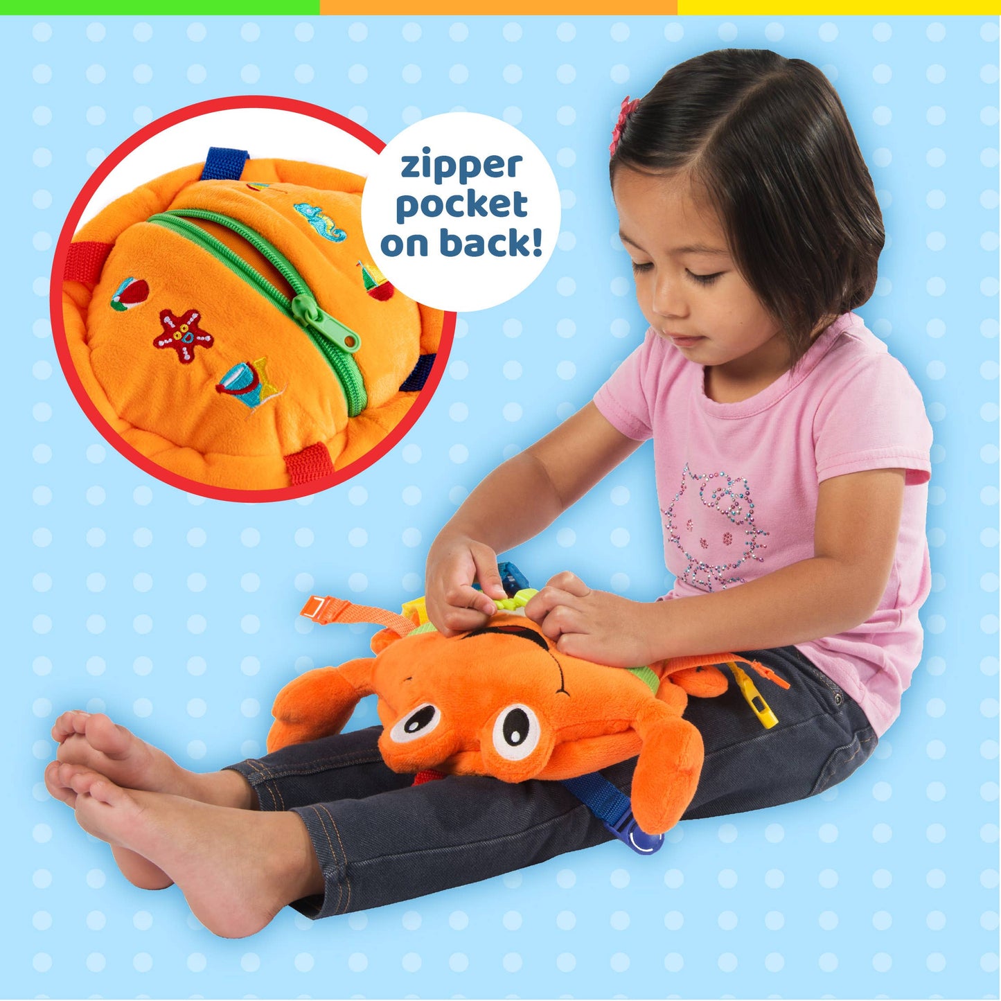 Bright orange plush crab toy with buckles and a zipper pocket, perfect for sensory play.