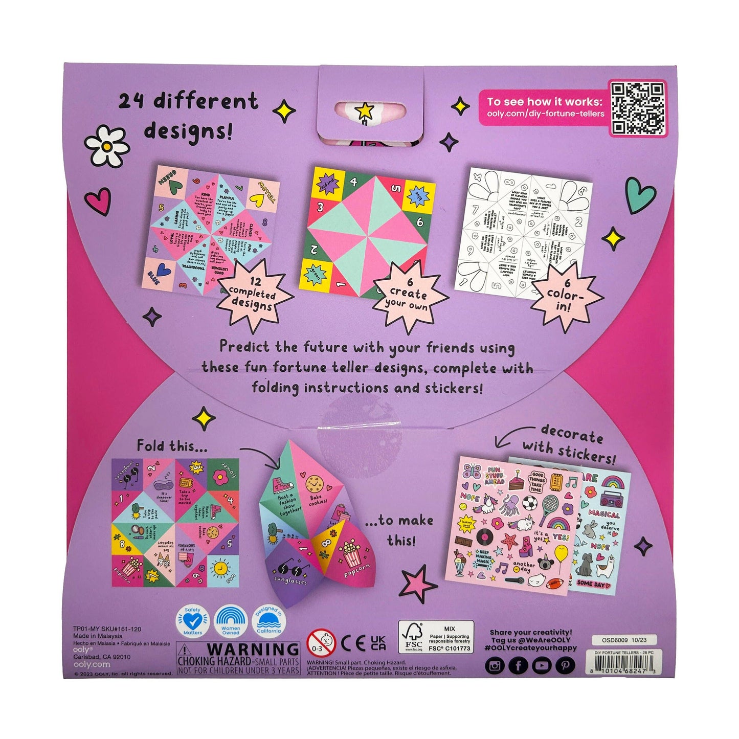 A colorful DIY fortune teller activity kit with 24 unique designs, including folding instructions and stickers.