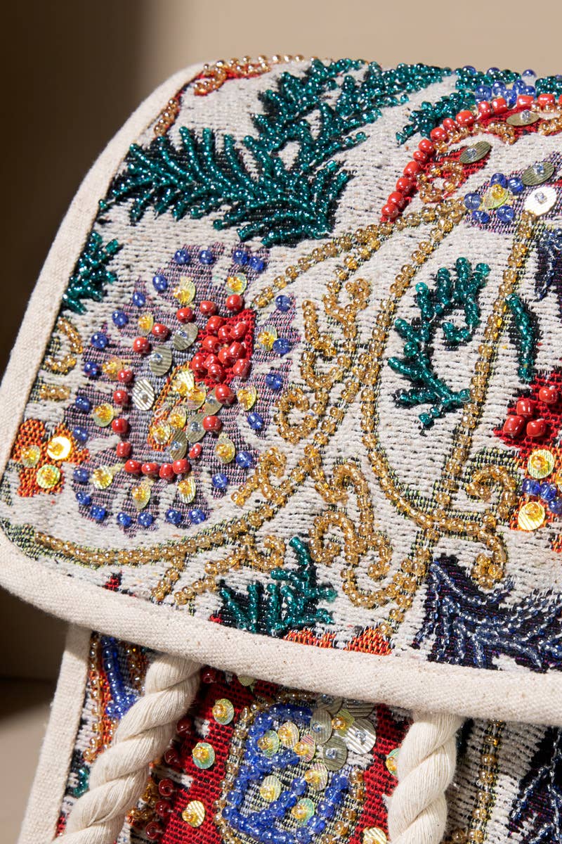 Handmade Jacquard Backpack with Beaded Detail – Ruggine | Unique Gifts for Her