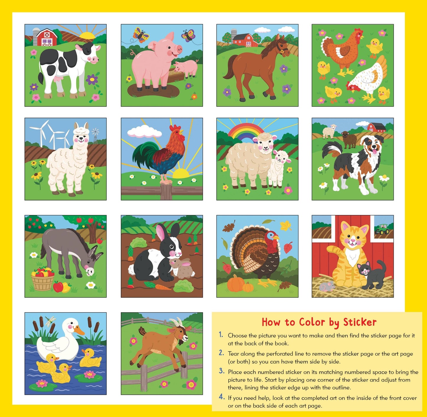 Color-by-sticker book featuring vibrant farm animals like cows, pigs, and chickens for kids' creative fun.
