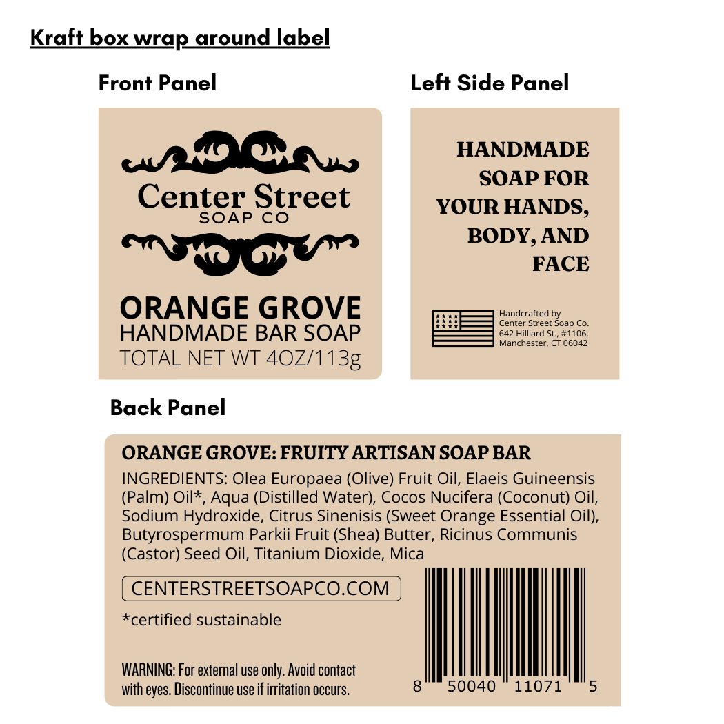 Handmade vegan soap bar with citrus swirl, orange grove scent, 4oz, perfect for hands, body, and face.