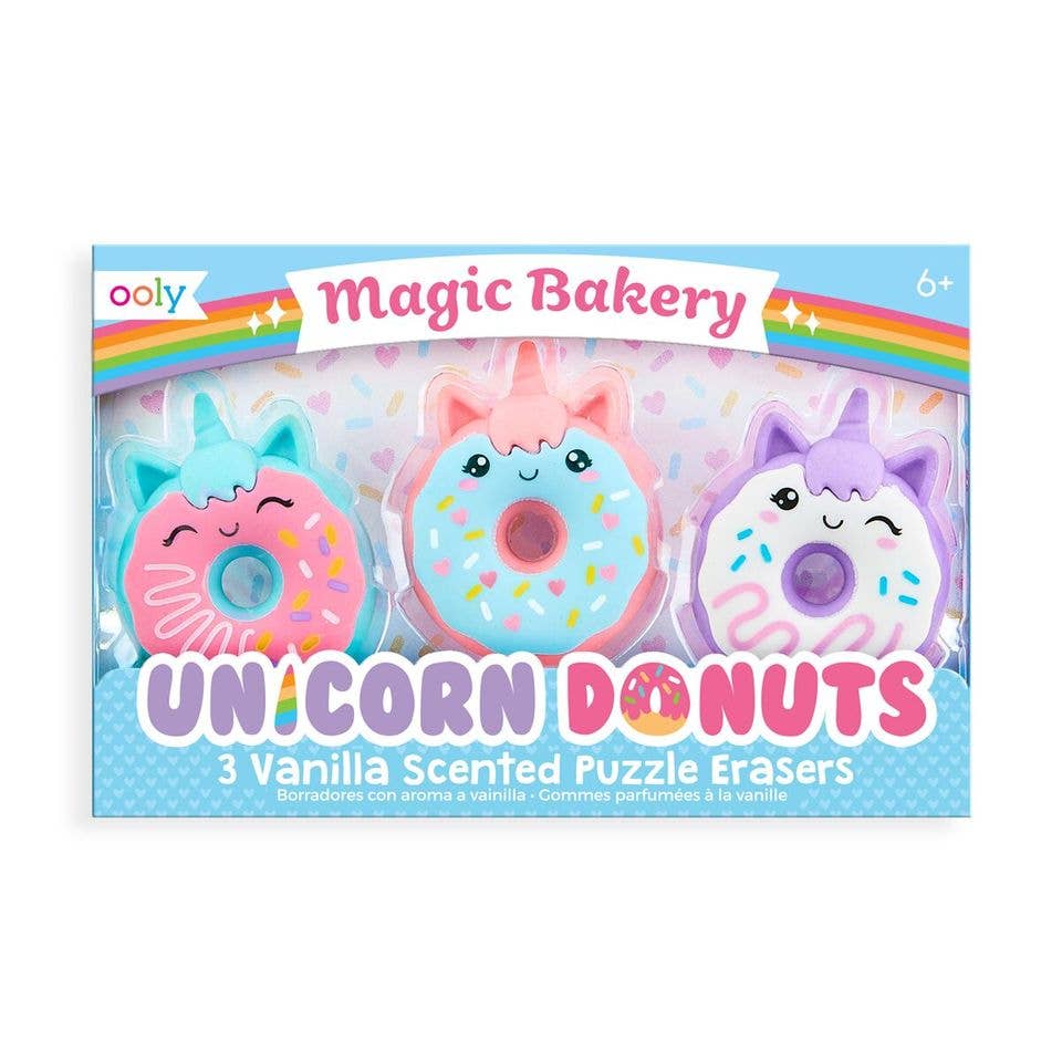 Colorful set of three unicorn donut-shaped vanilla scented erasers