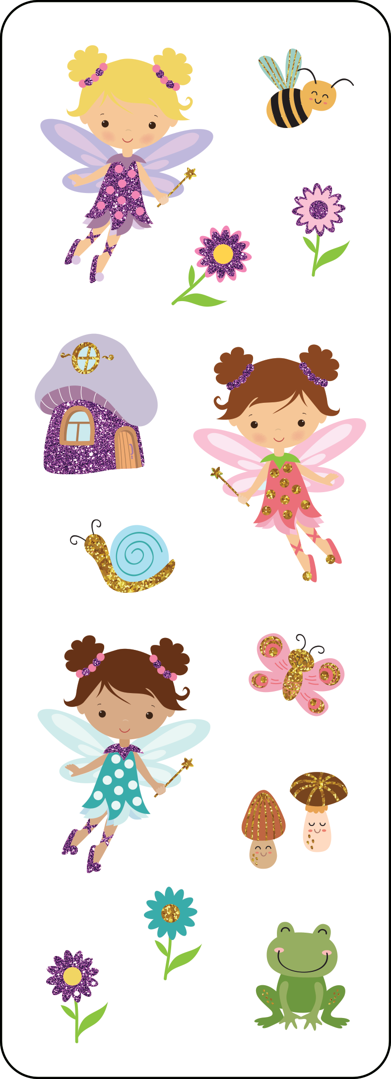 Colorful fairy stickers with holographic accents, featuring glittery fairies and nature elements.