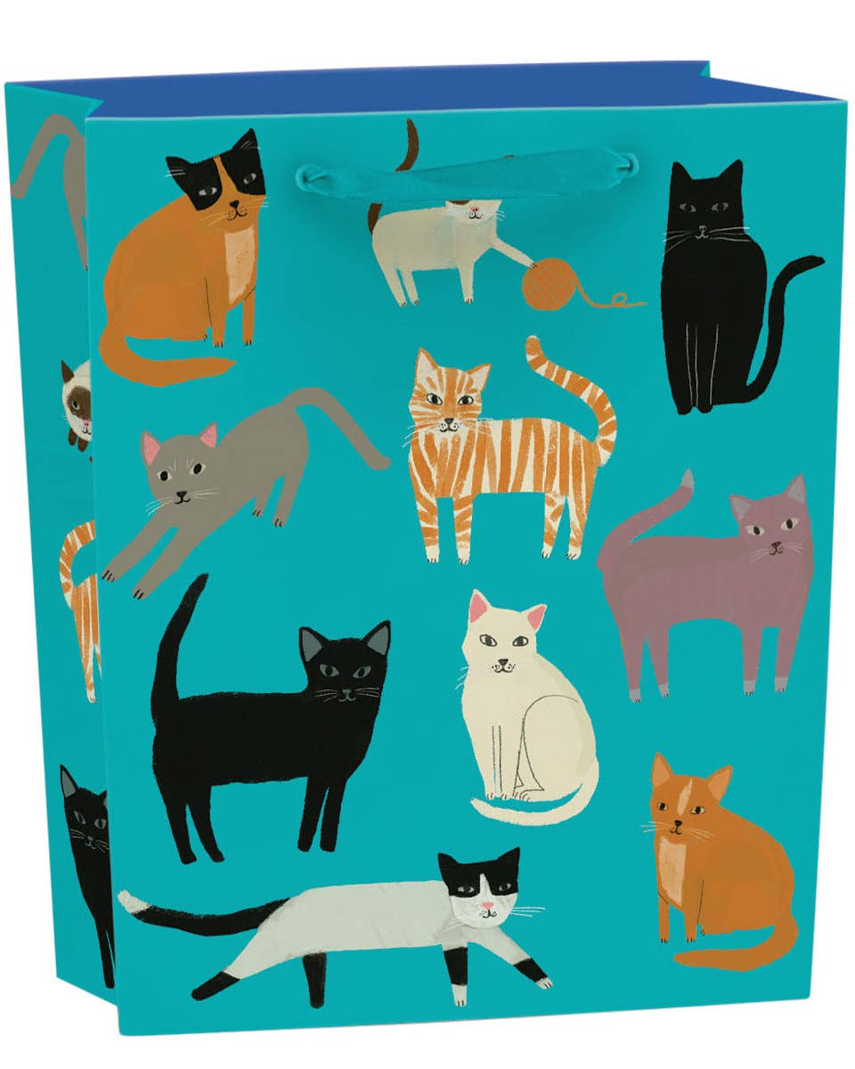 Teal gift bag with illustrated cats in various colors and poses