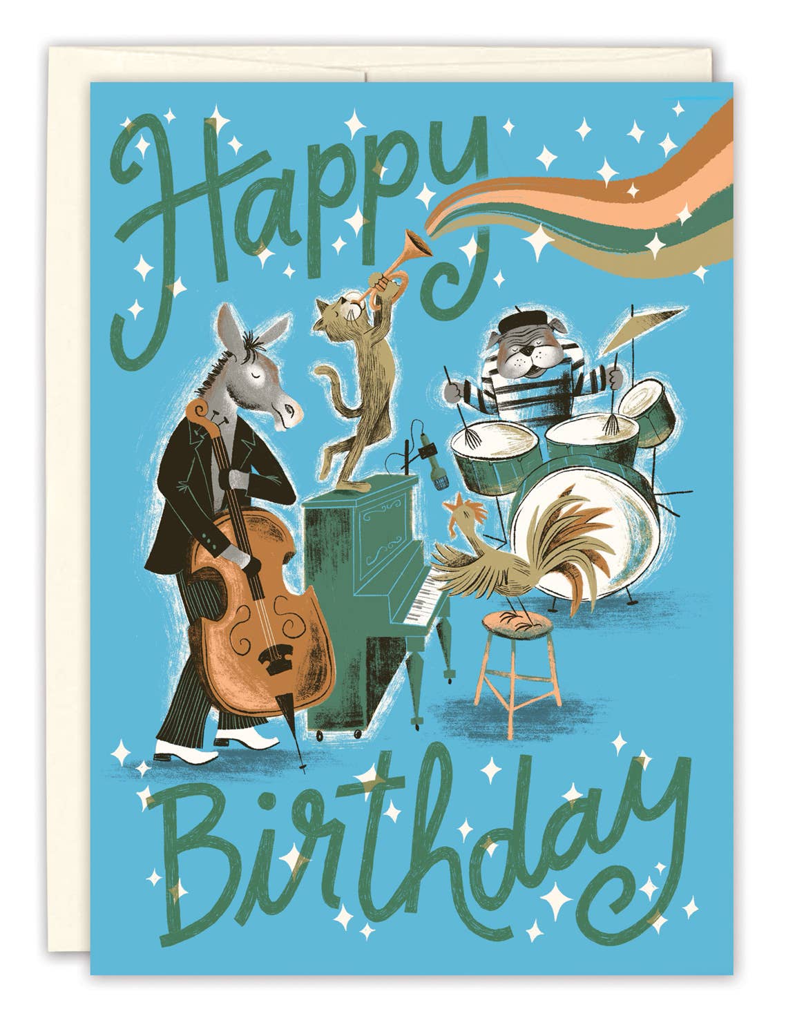 Illustrated birthday card with jazzy animal band on blue background