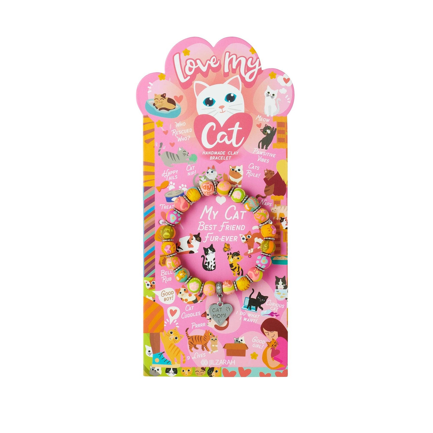 Colorful beaded cat-themed bracelet with charm on illustrated display card