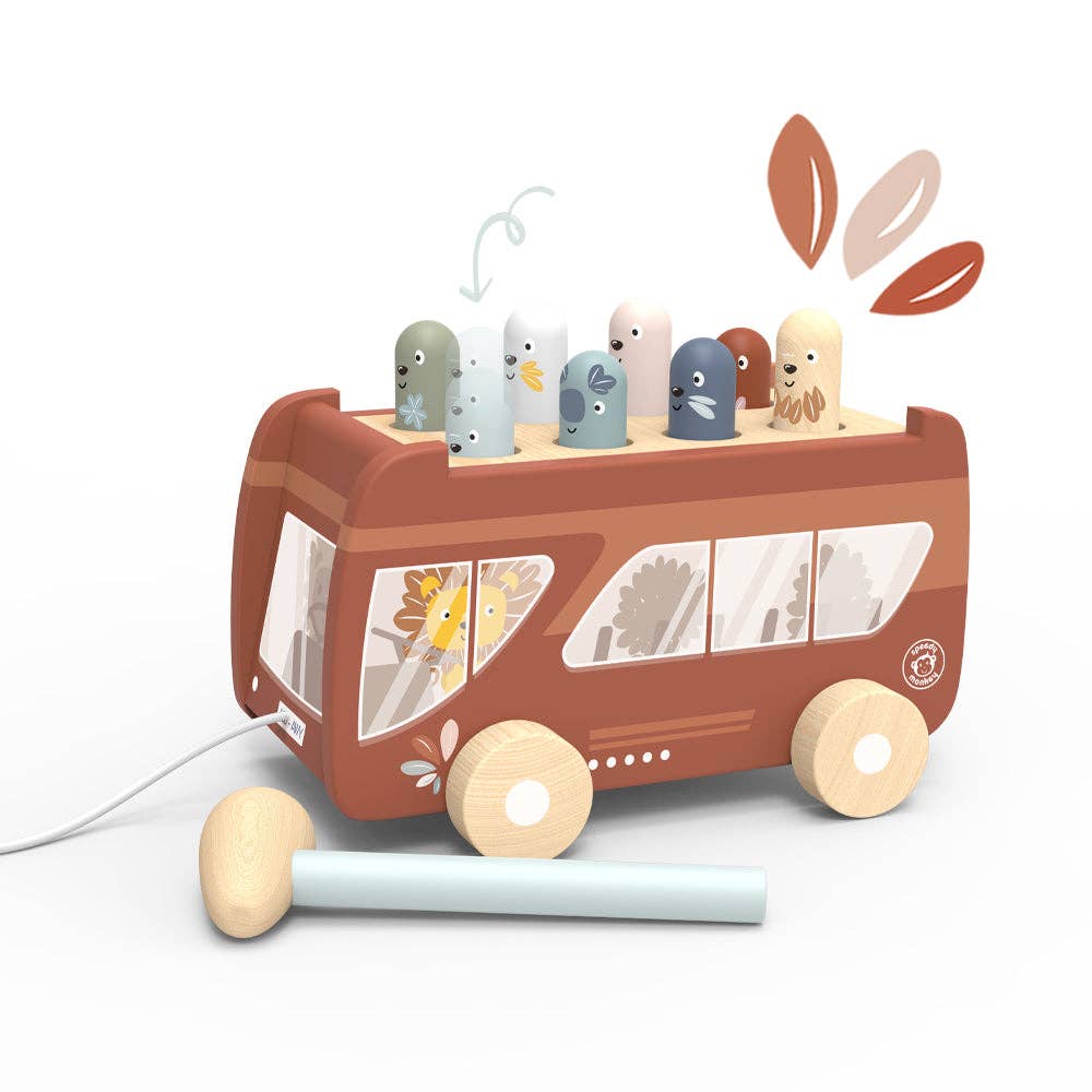 Wooden pull-along bus toy with colorful peg characters and a hammer
