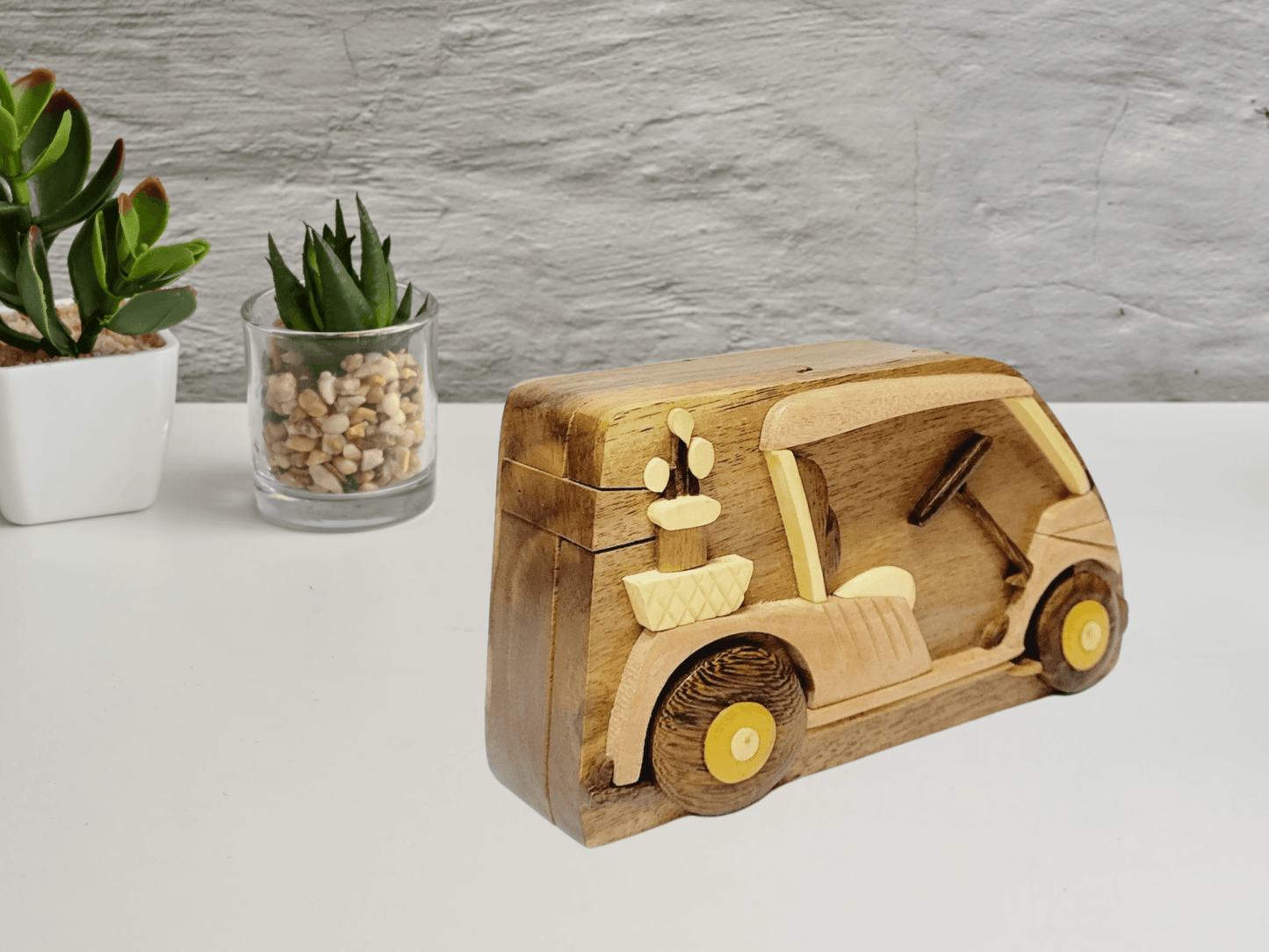 Hand-Carved Wooden Gift Box – Golf Cart Design | Unique Gifts for Him, Keepsake Box