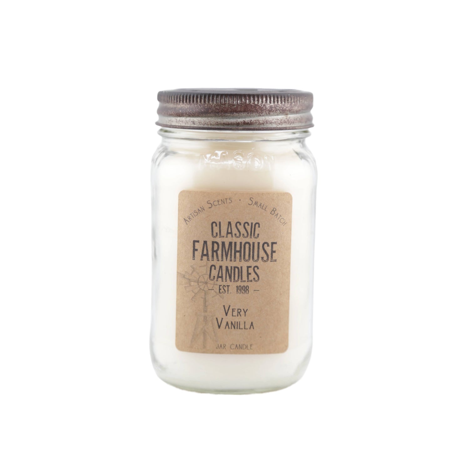 Classic white soy candle in a mason jar labeled "Very Vanilla" with rustic metal lid.