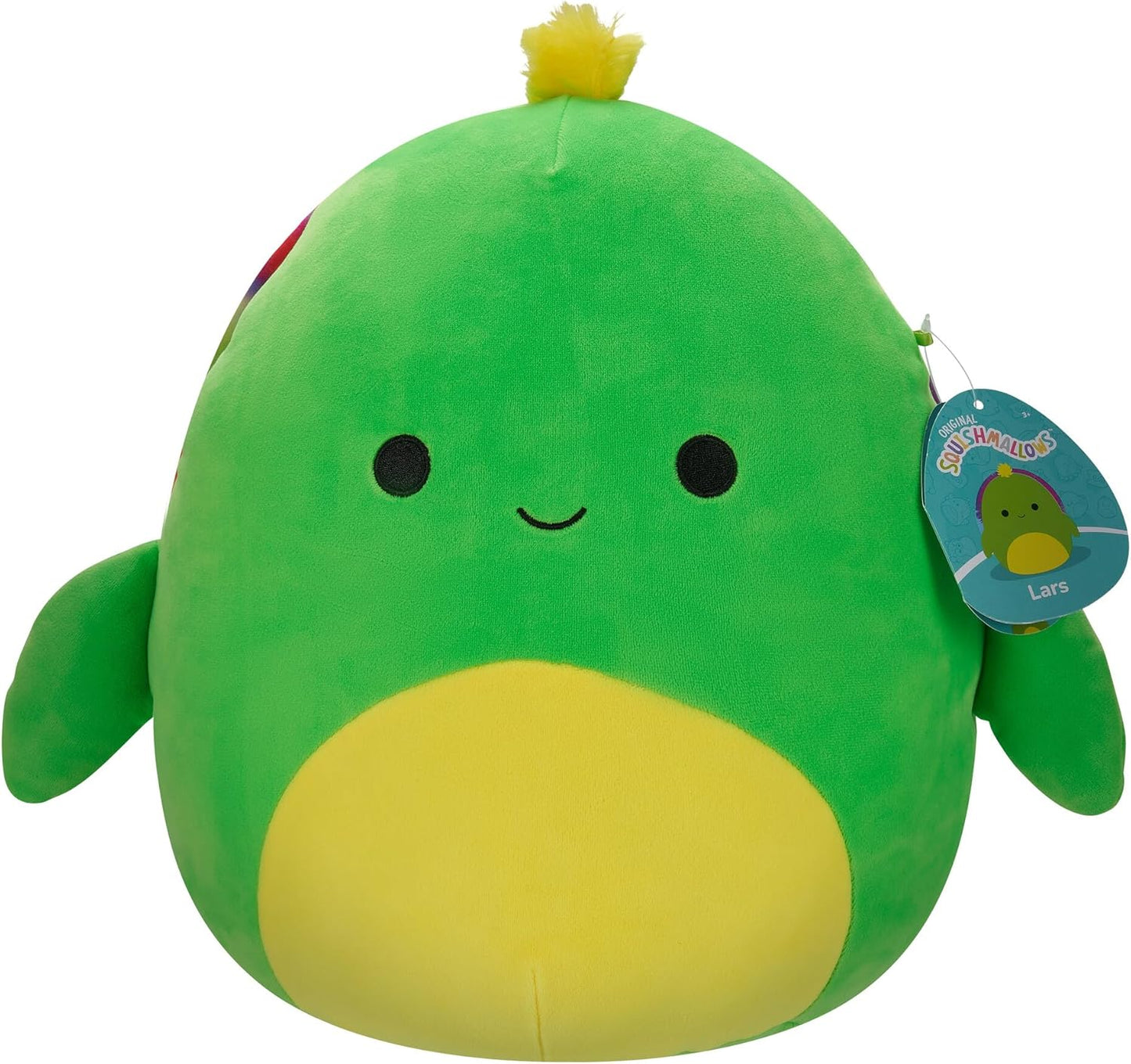Bright green plush turtle with yellow belly and tuft