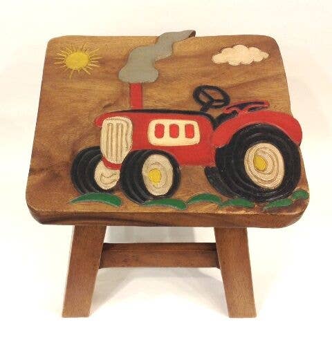 Wooden stool with carved red tractor design and natural finish