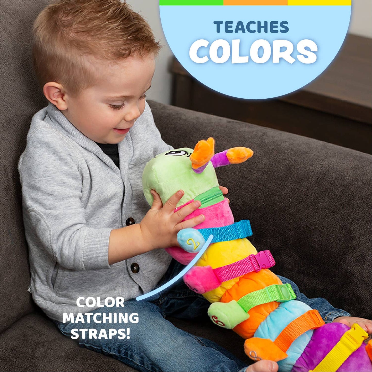 A plush caterpillar toy with colorful segments and buckles for fine motor skills and color matching.
