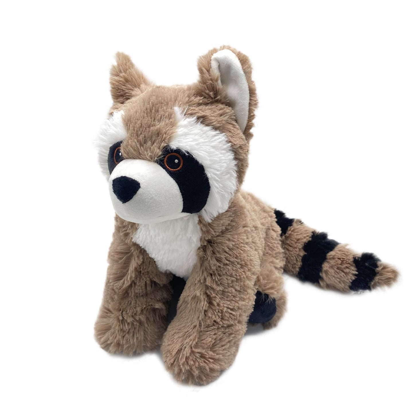 Brown and white plush raccoon with black eye markings and striped tail