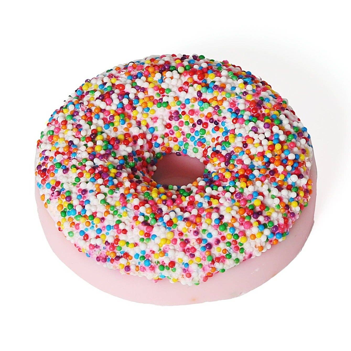 Pink donut-shaped soap with colorful sprinkles
