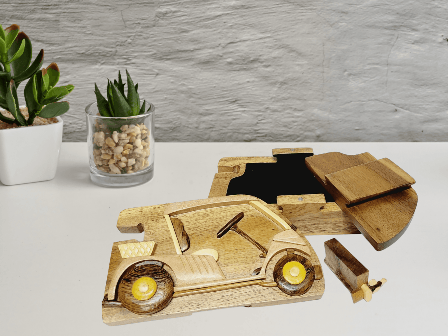 Hand-Carved Wooden Gift Box – Golf Cart Design | Unique Gifts for Him, Keepsake Box