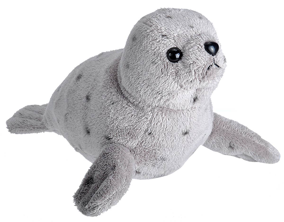 Plush gray harbor seal toy with soft fabric and realistic features
