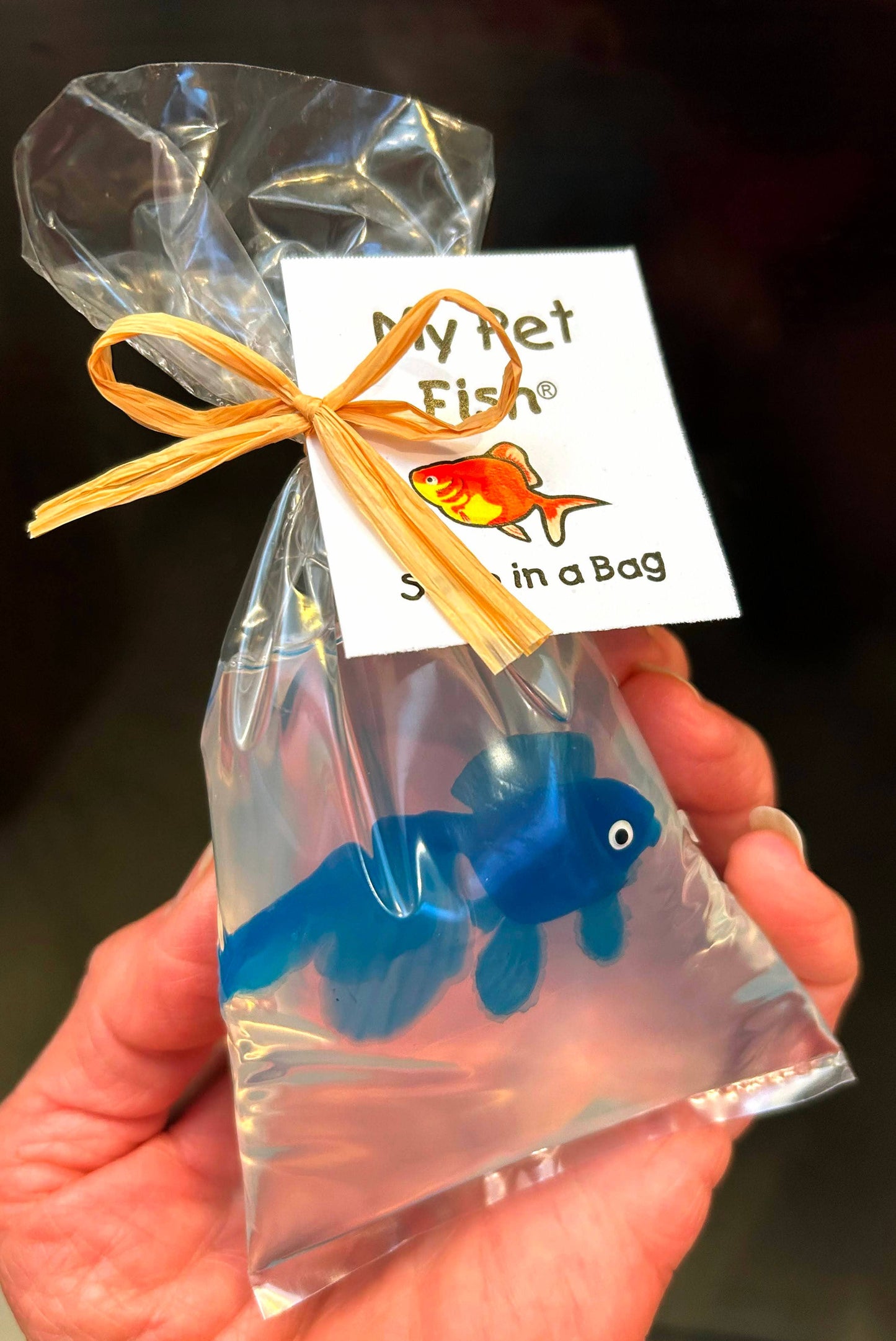 Blue fish-shaped soap in a bag with a yellow ribbon and product label.