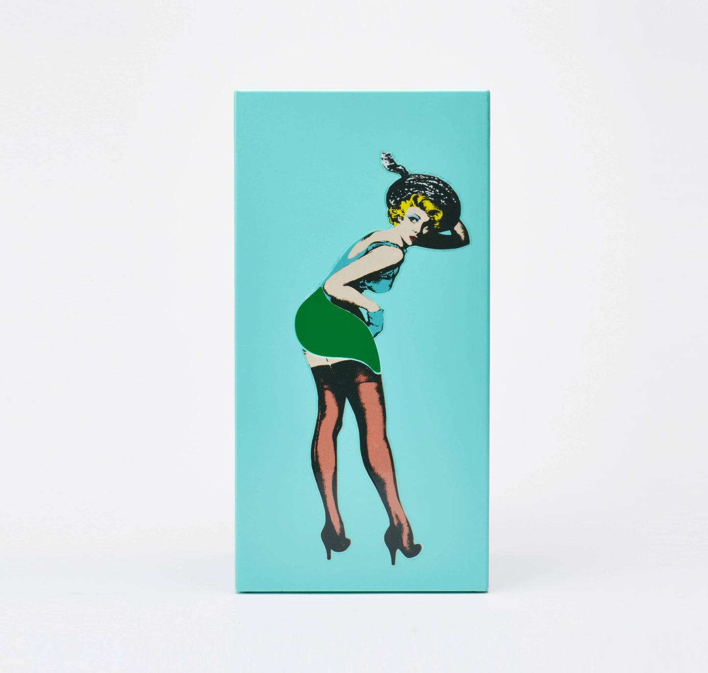 Mint green tissue box featuring a playful cartoon woman in a flying skirt pose.