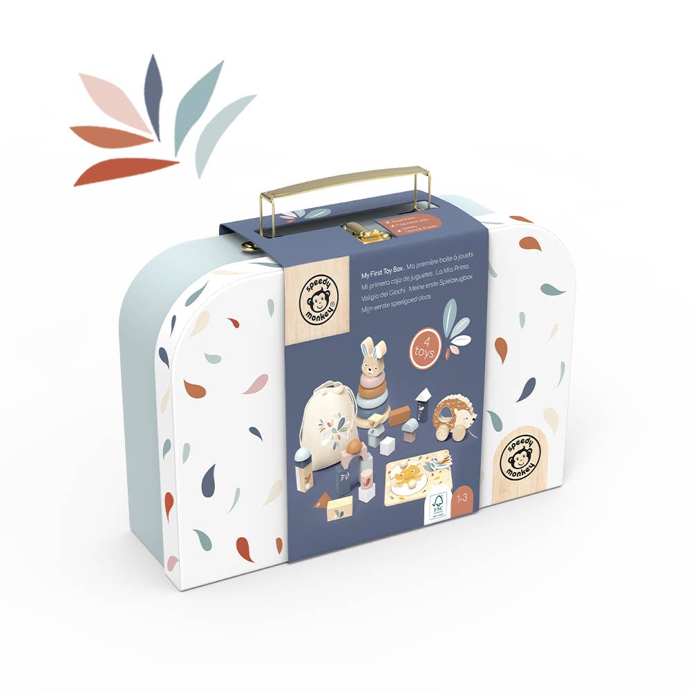 A wooden toy box set for toddlers, featuring a multicolor design with playful patterns and a gold handle.