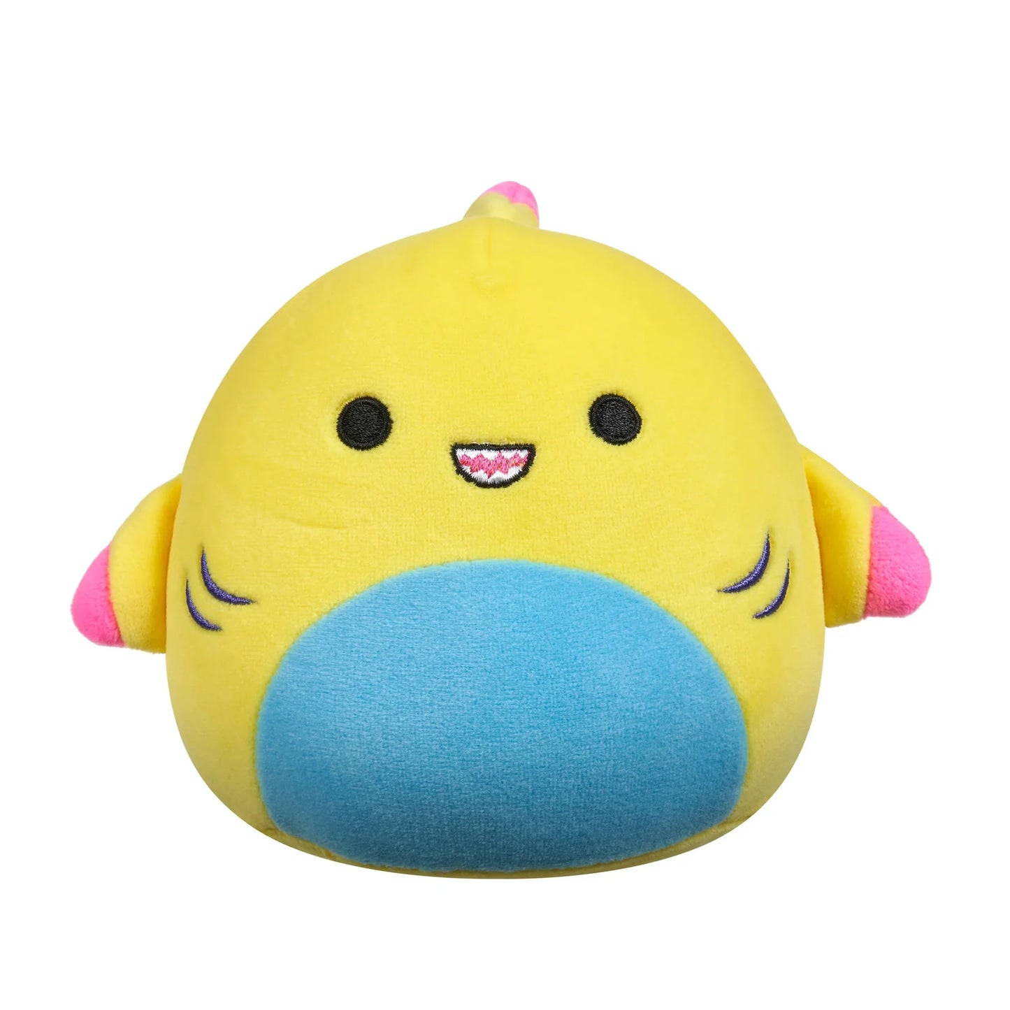 Yellow Squishmallows shark plush with blue belly and pink fin tips