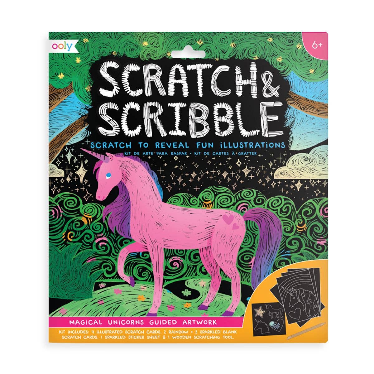 Magical unicorn scratch art kit with rainbow and sparkle cards