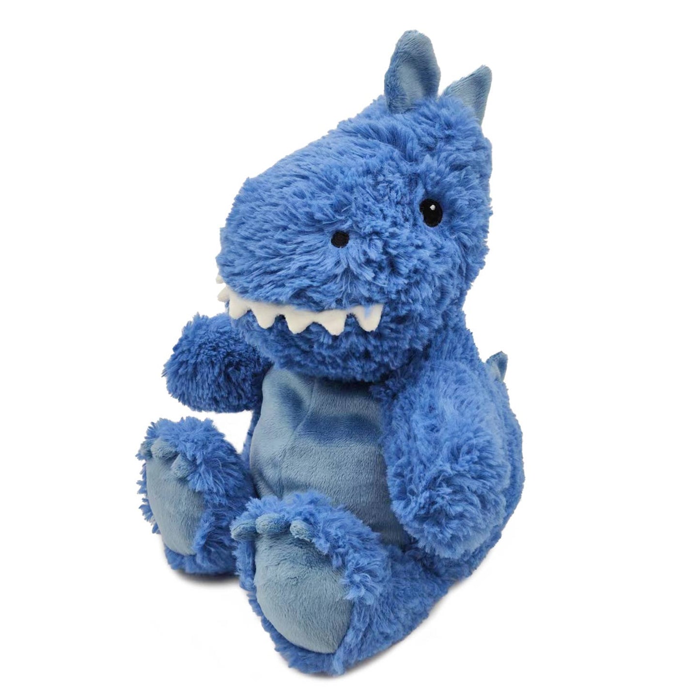 Blue plush T-Rex stuffed animal with soft texture and lavender scent