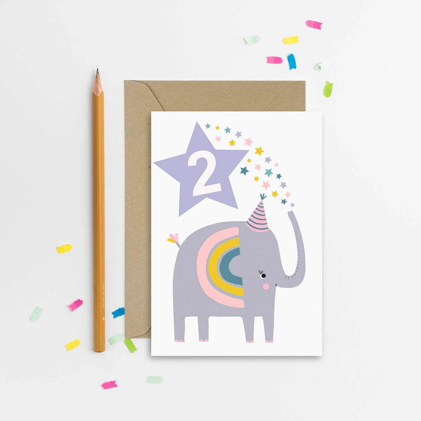 A charming 2nd birthday card featuring a purple star with the number 2 and a playful elephant with a rainbow trunk.
