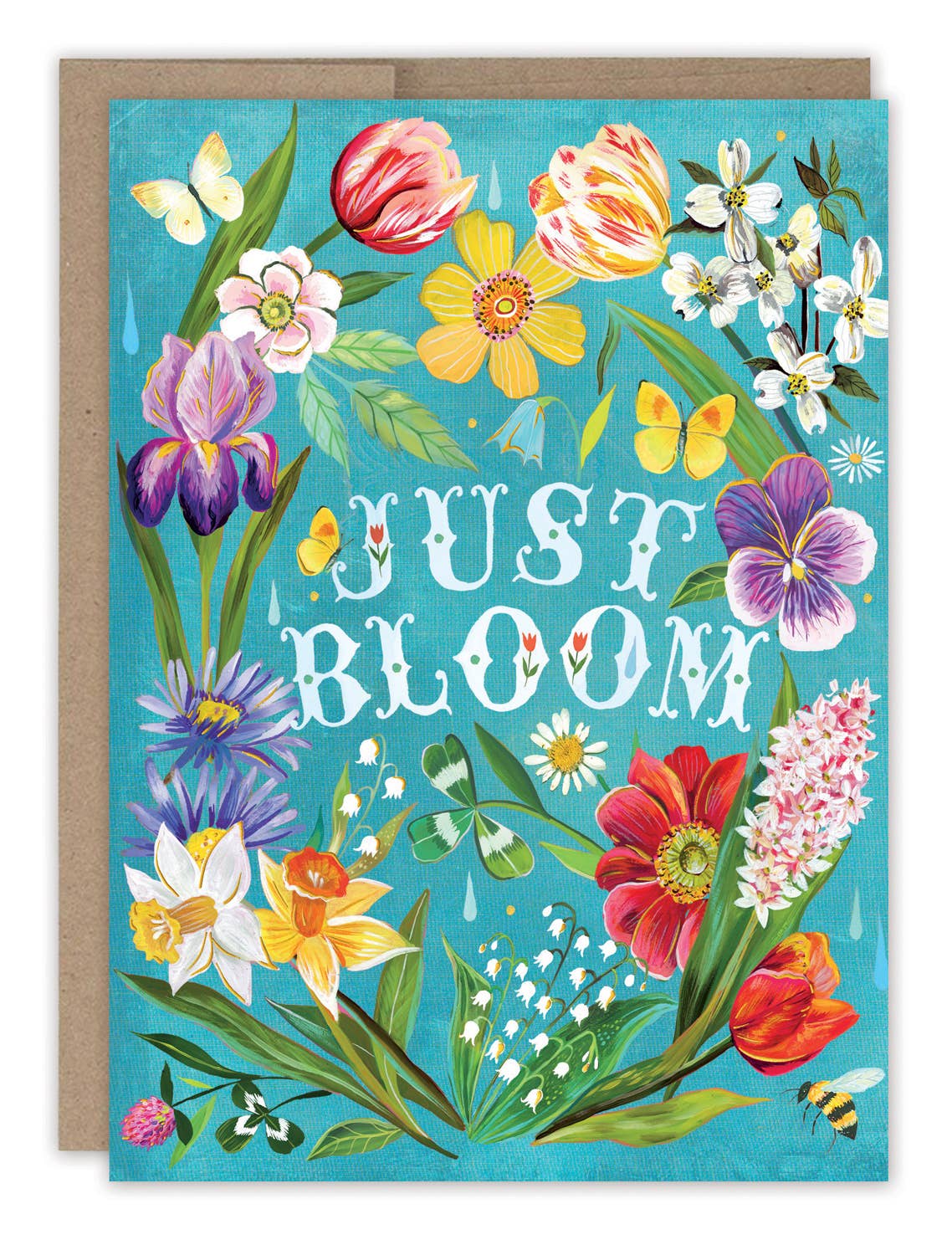 Colorful floral birthday card with 'Just Bloom' text on turquoise background