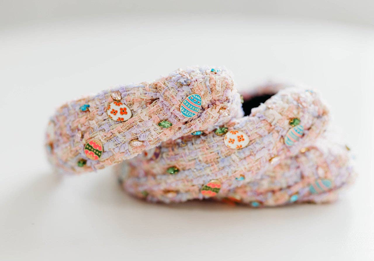 Pastel tweed-style headband with colorful Easter egg and flower bead accents scattered throughout.