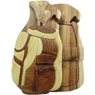 Hand-carved wooden box shaped like a golf bag, featuring intricate wood grain details and a natural finish.
