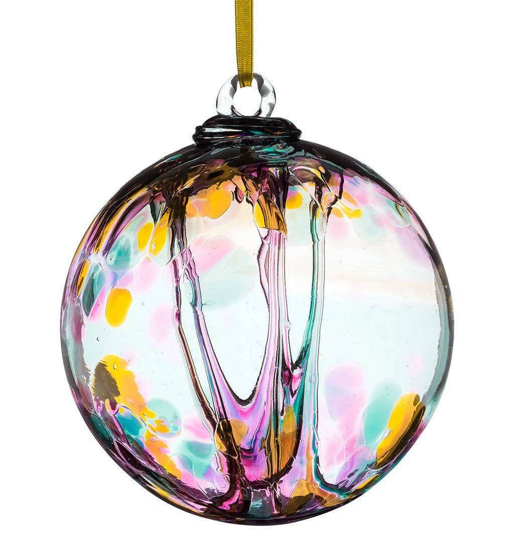 Multicoloured 10cm glass spirit ball with swirls of turquoise, pink, and yellow