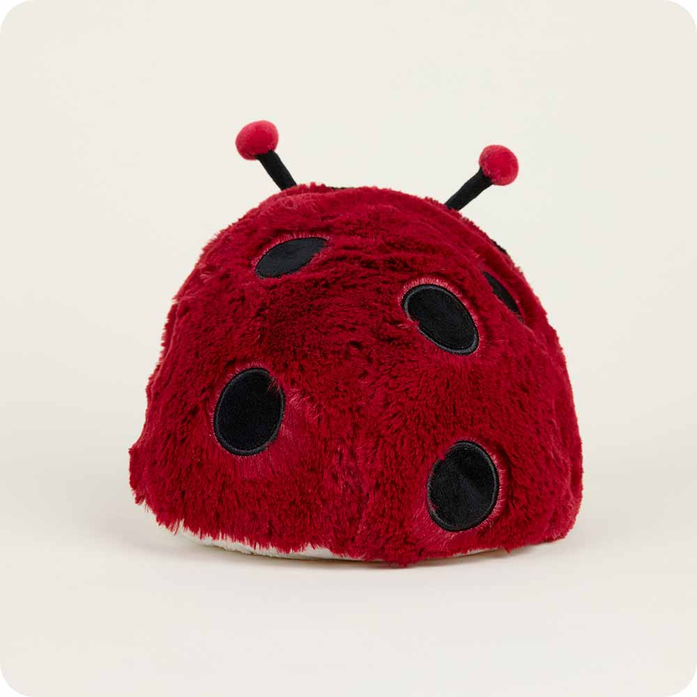 Red plush ladybug with black spots and antennae, scented with lavender for cozy microwavable comfort.