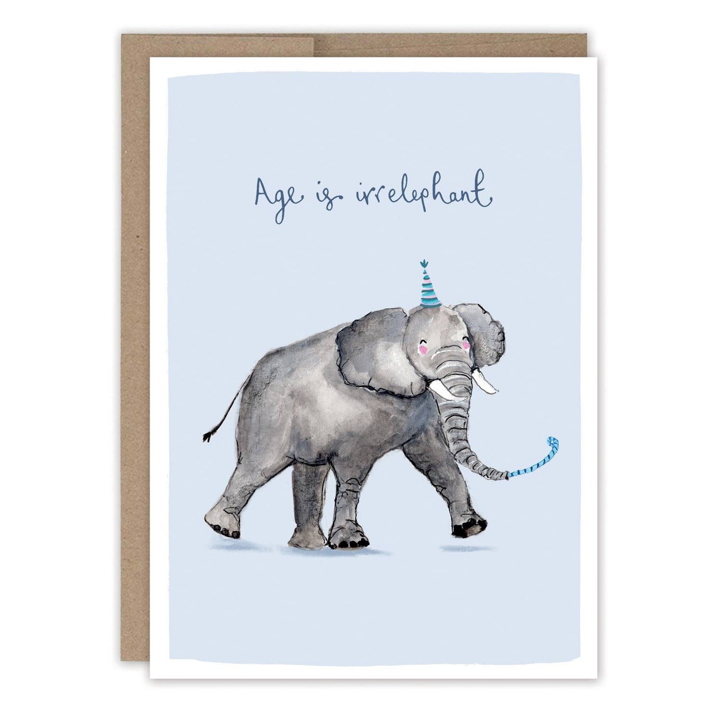Birthday card with a playful elephant wearing a blue party hat on a light blue background
