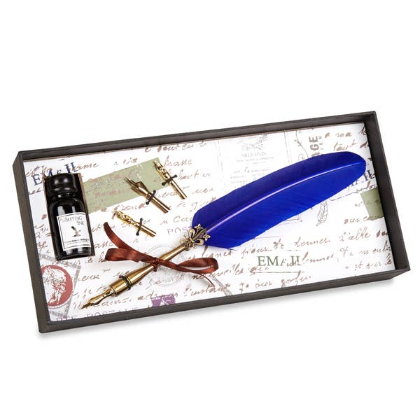 Burgundy feather pen set with brass nibs and ink bottle, perfect for elegant writing.