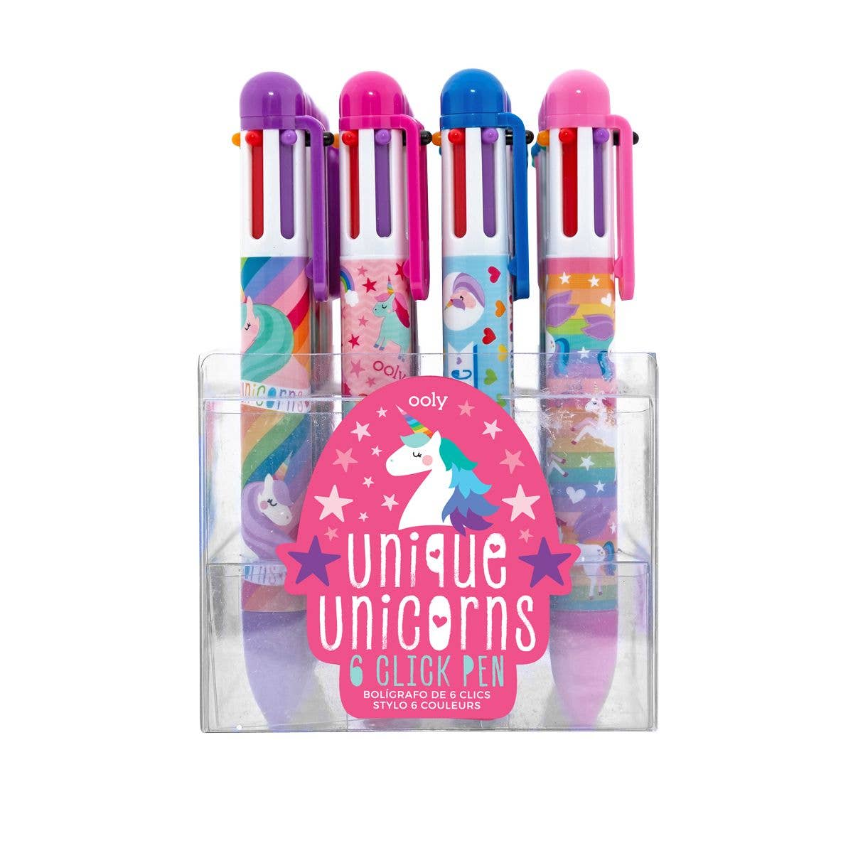 Six colorful click pens with unicorn designs, featuring rainbow patterns and playful details.