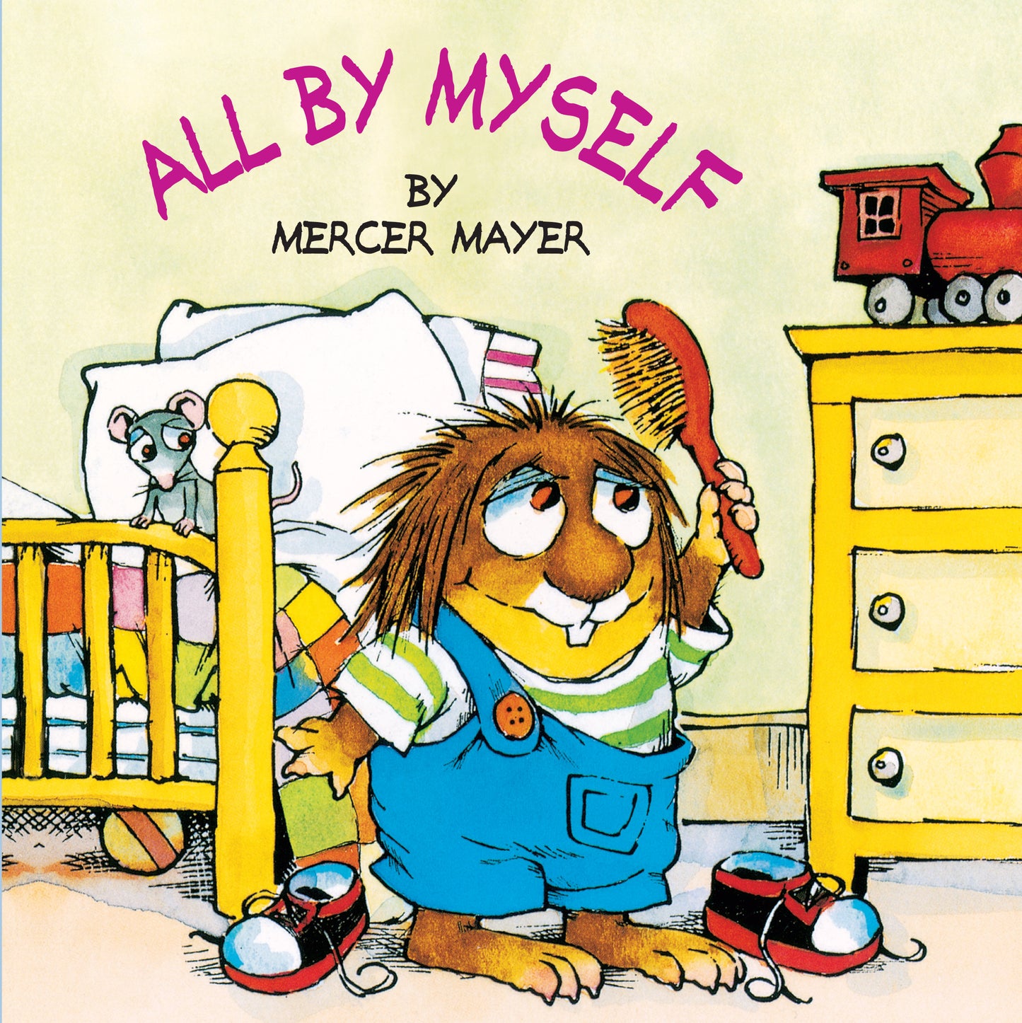 Little Critter holding a hairbrush in a colorful children's book illustration.