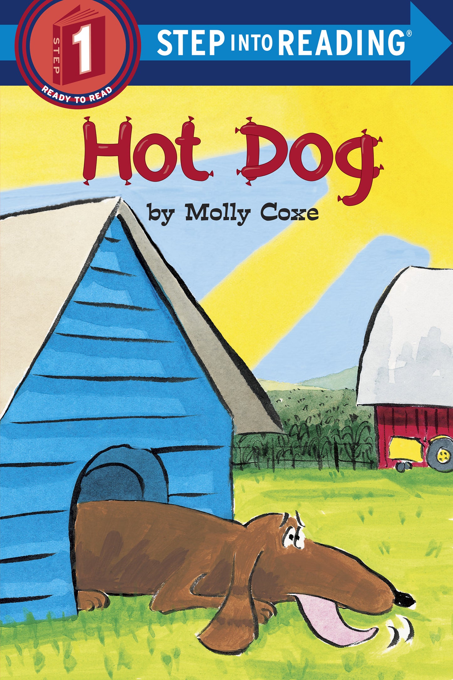 Illustrated children's book cover showing a brown dog lying in grass beside a blue doghouse