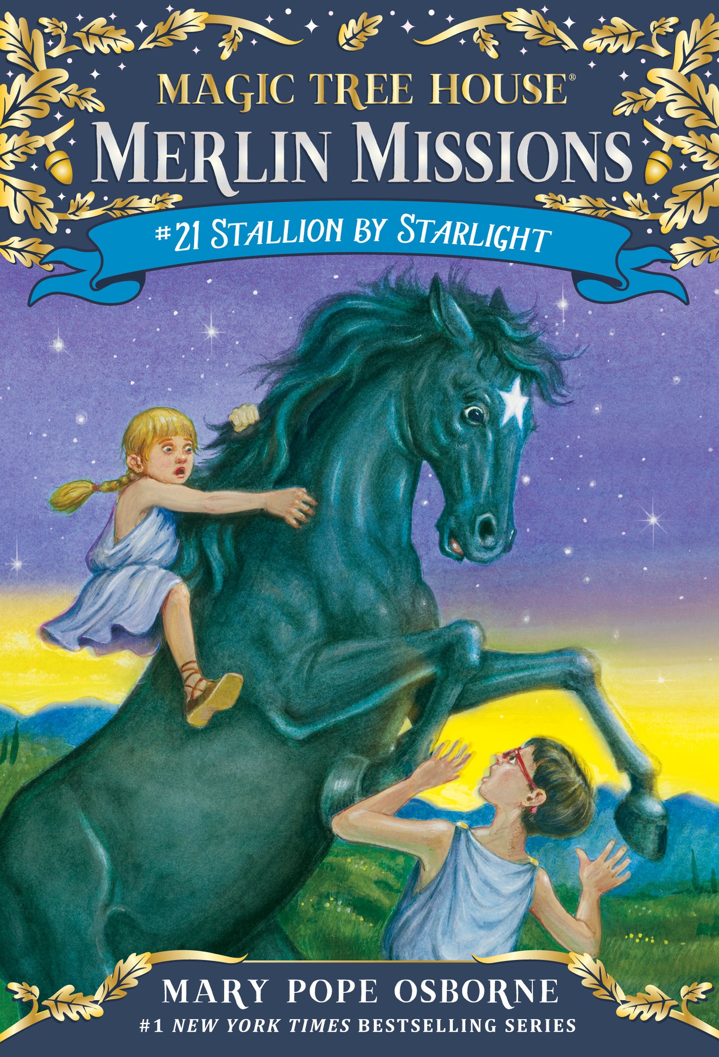 Children's chapter book cover showing a magical black stallion with two young characters in Ancient Greece.