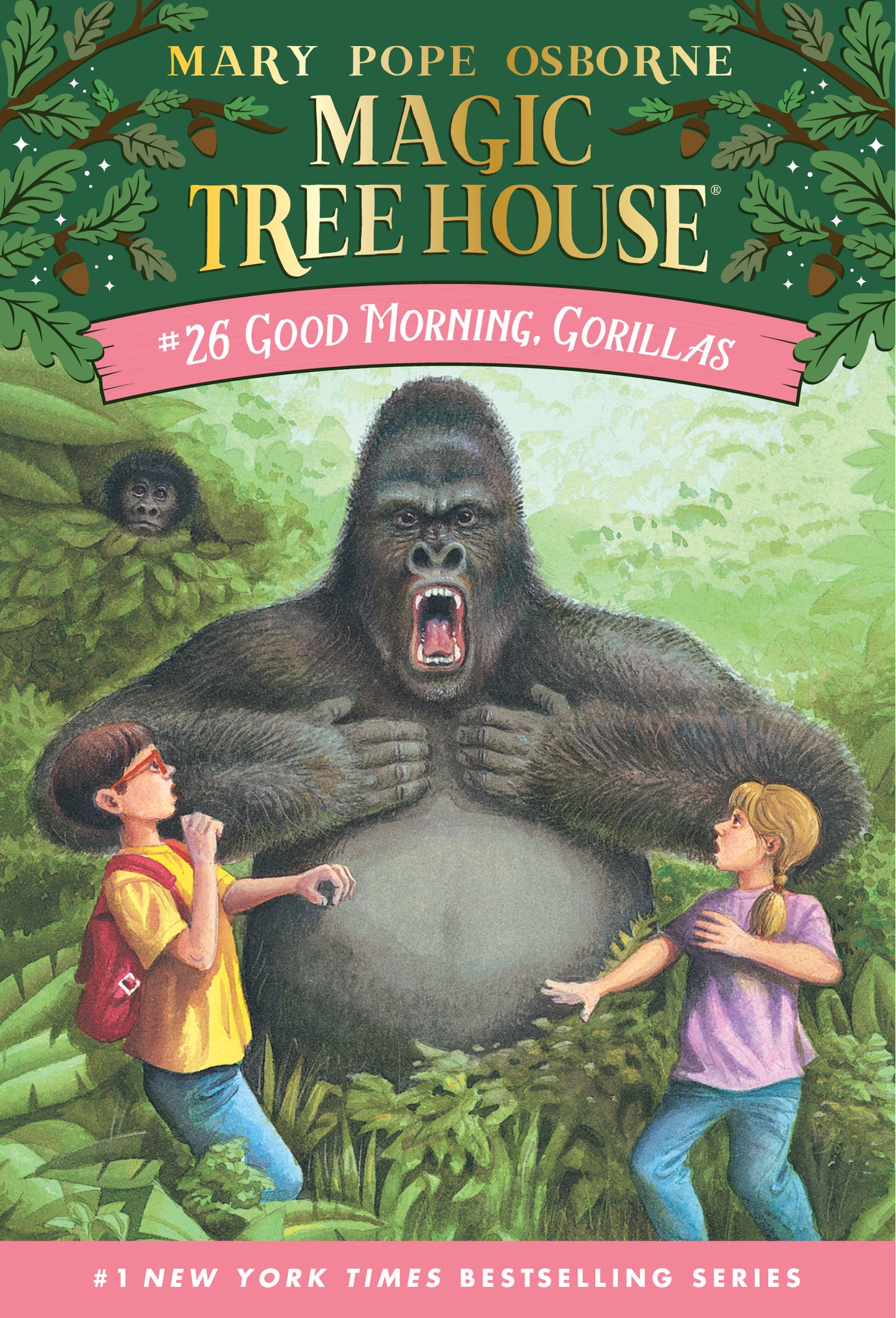 Children's chapter book cover showing gorillas with a boy and girl in a jungle setting