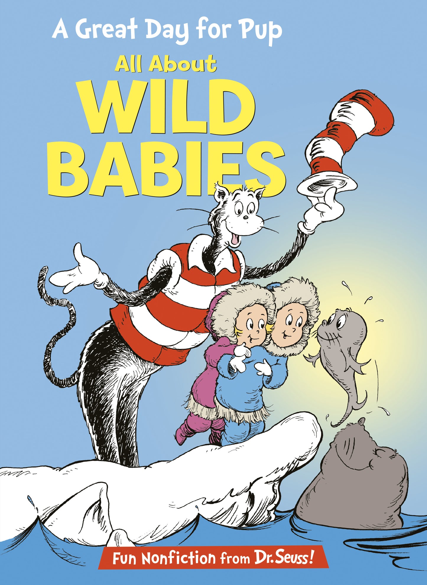 Children's book cover featuring the Cat in the Hat with wild baby animals