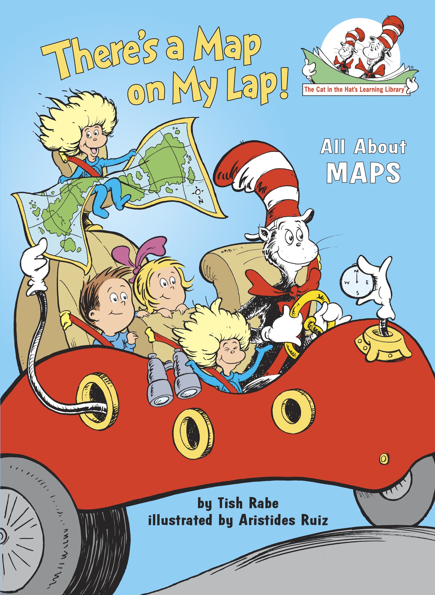 Cover of children's book showing Cat in the Hat driving a red car with kids and a map
